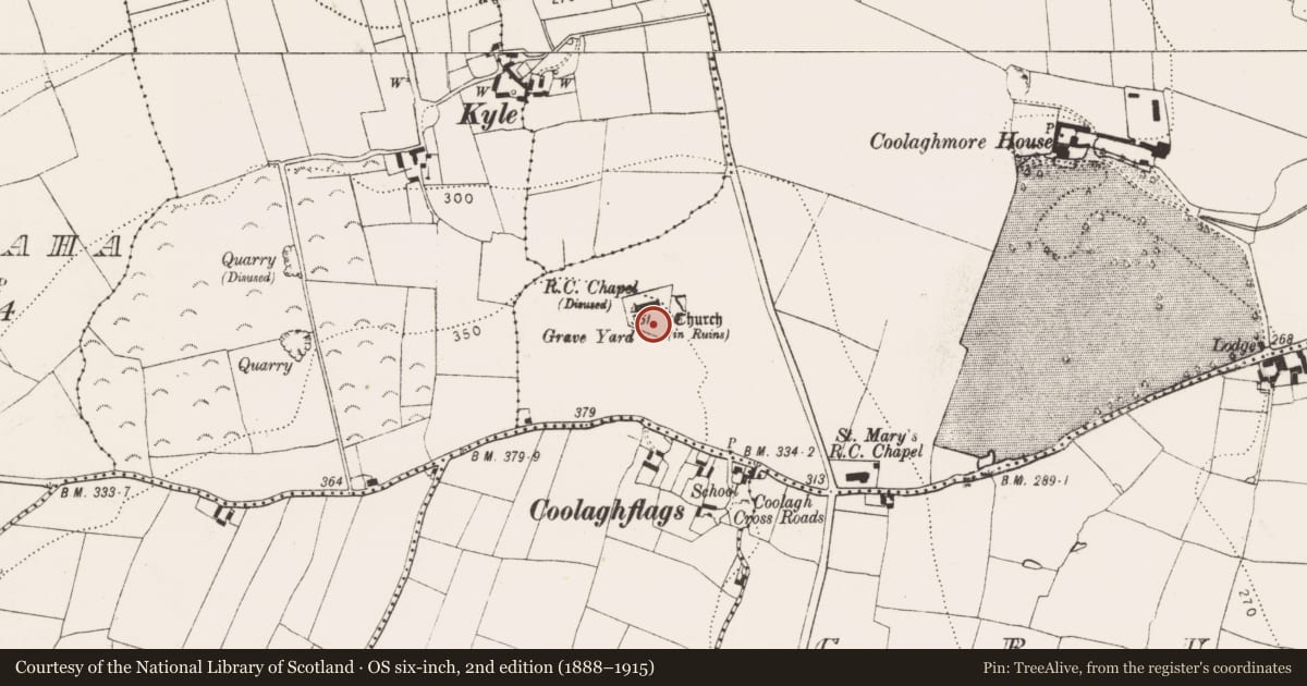Ordnance Survey six-inch map, 2nd edition (1888–1915) covering the location of Ritual site - holy well, Coolaghmore, County Kilkenny, with a pin at the register's coordinates