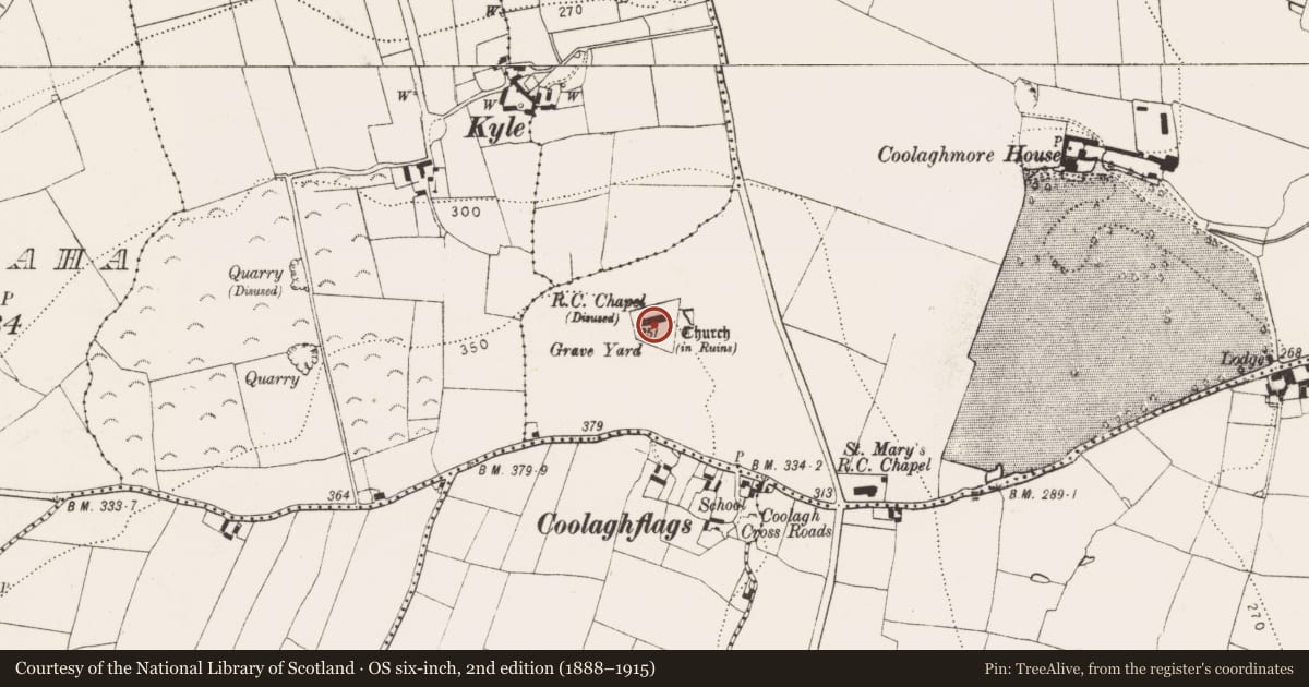 Ordnance Survey six-inch map, 2nd edition (1888–1915) covering the location of Graveslab, Coolaghmore, County Kilkenny, with a pin at the register's coordinates