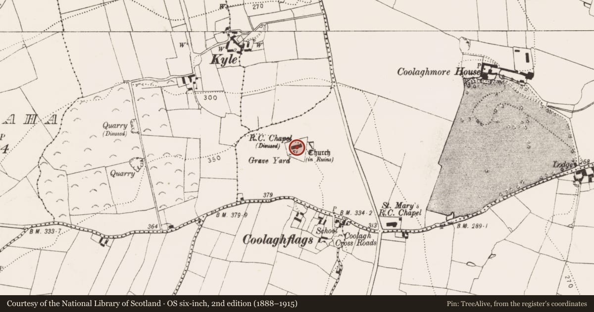 Ordnance Survey six-inch map, 2nd edition (1888–1915) covering the location of Graveslab, Coolaghmore, County Kilkenny, with a pin at the register's coordinates