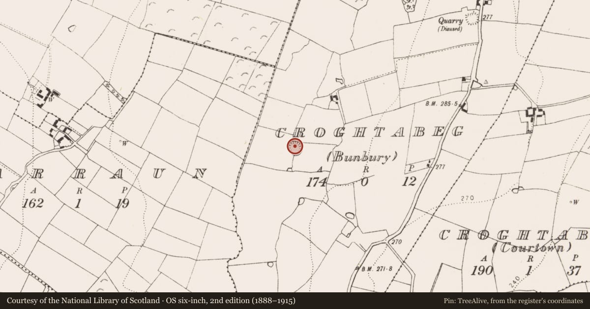 Ordnance Survey six-inch map, 2nd edition (1888–1915) covering the location of Ringfort - rath, Croghtabeg (Bunbury), County Kilkenny, with a pin at the register's coordinates