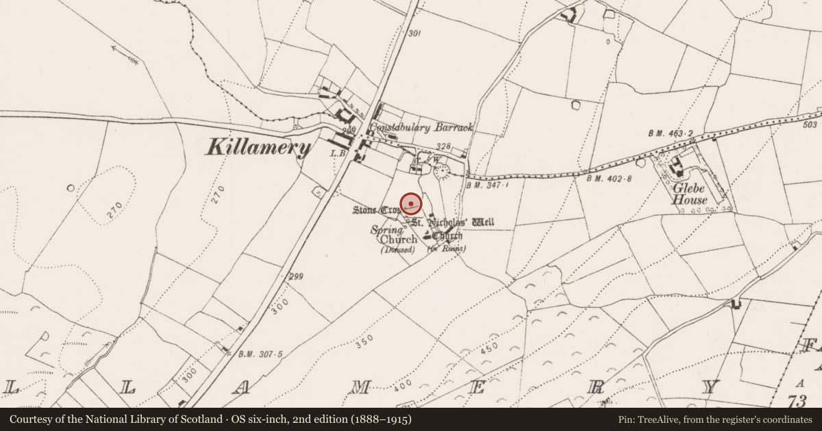 Ordnance Survey six-inch map, 2nd edition (1888–1915) covering the location of Settlement deserted - medieval, Killamery, Garranmachenry, County Kilkenny, with a pin at the register's coordinates