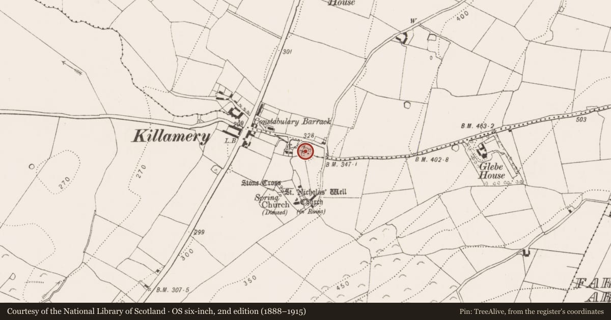 Ordnance Survey six-inch map, 2nd edition (1888–1915) covering the location of Castle - motte, Killamery, County Kilkenny, with a pin at the register's coordinates