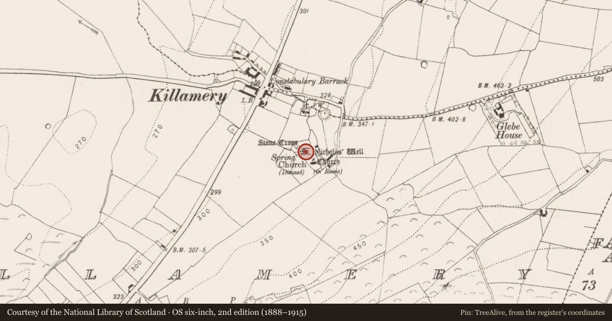 Ordnance Survey six-inch map, 2nd edition (1888–1915) covering the location of Ecclesiastical enclosure, Killamery, County Kilkenny, with a pin at the register's coordinates