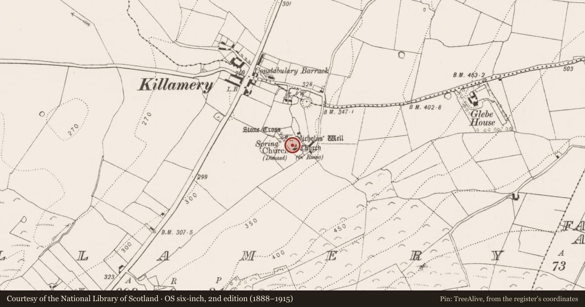 Ordnance Survey six-inch map, 2nd edition (1888–1915) covering the location of Church, Killamery, County Kilkenny, with a pin at the register's coordinates