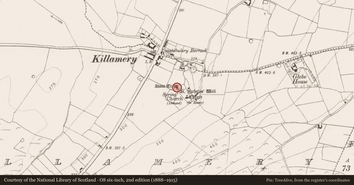 Ordnance Survey six-inch map, 2nd edition (1888–1915) covering the location of Bullaun stone, Killamery, County Kilkenny, with a pin at the register's coordinates