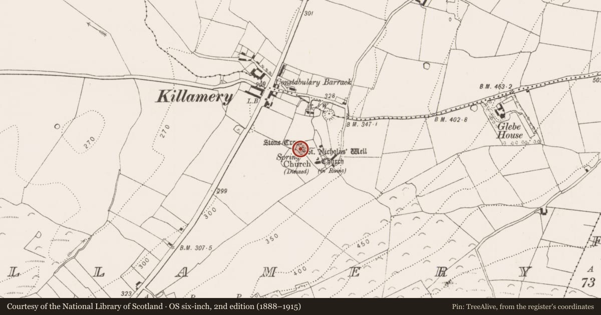 Ordnance Survey six-inch map, 2nd edition (1888–1915) covering the location of Ritual site - holy well, Killamery, County Kilkenny, with a pin at the register's coordinates