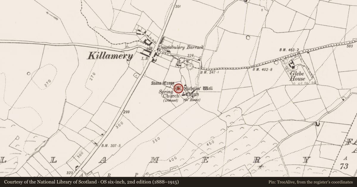 Ordnance Survey six-inch map, 2nd edition (1888–1915) covering the location of Graveyard, Killamery, County Kilkenny, with a pin at the register's coordinates