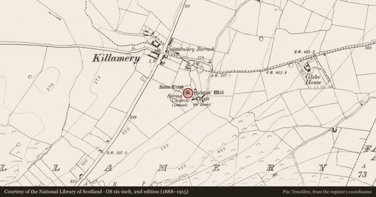 Ordnance Survey six-inch map, 2nd edition (1888–1915) covering the location of Cross-slab, Killamery, County Kilkenny, with a pin at the register's coordinates