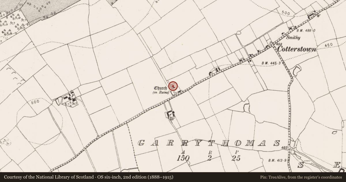 Ordnance Survey six-inch map, 2nd edition (1888–1915) covering the location of Church, Garryrickin, County Kilkenny, with a pin at the register's coordinates