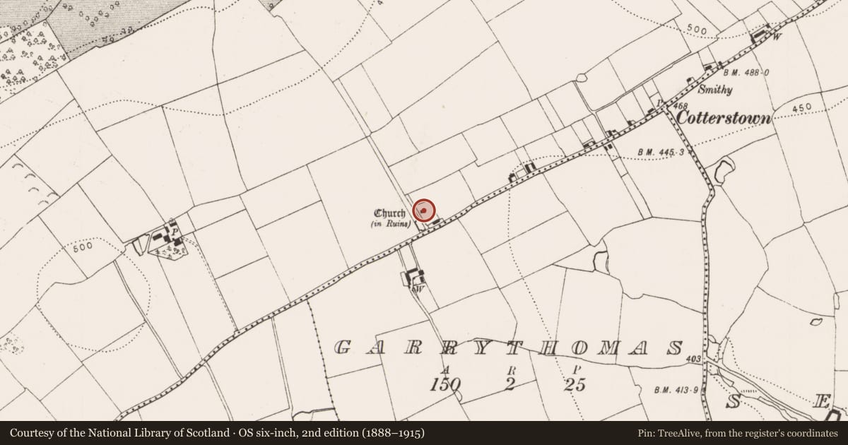 Ordnance Survey six-inch map, 2nd edition (1888–1915) covering the location of Graveyard, Garryrickin, County Kilkenny, with a pin at the register's coordinates