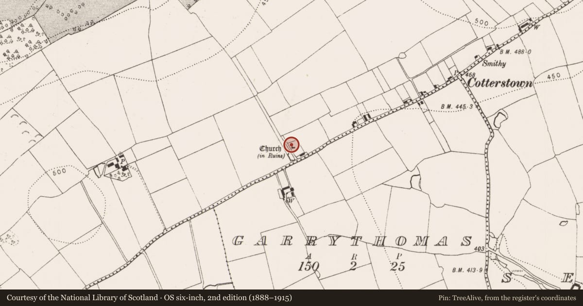 Ordnance Survey six-inch map, 2nd edition (1888–1915) covering the location of Stoup (present location), Garryrickin, County Kilkenny, with a pin at the register's coordinates