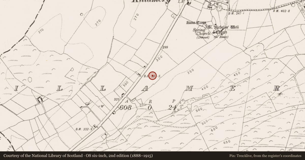 Ordnance Survey six-inch map, 2nd edition (1888–1915) covering the location of Fulacht fia, Killamery, County Kilkenny, with a pin at the register's coordinates