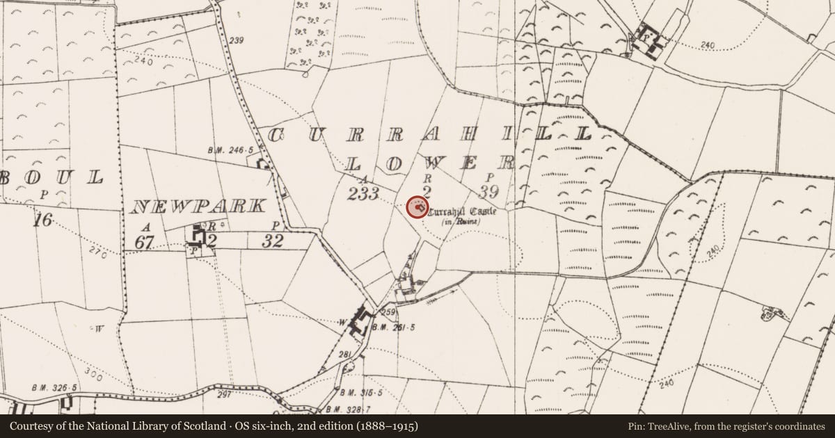 Ordnance Survey six-inch map, 2nd edition (1888–1915) covering the location of Castle - tower house, Currahill Lower, County Kilkenny, with a pin at the register's coordinates
