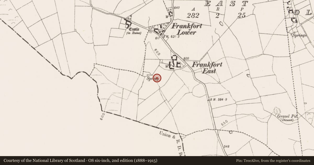 Ordnance Survey six-inch map, 2nd edition (1888–1915) covering the location of Fulacht fia, Frankfort East, County Kilkenny, with a pin at the register's coordinates