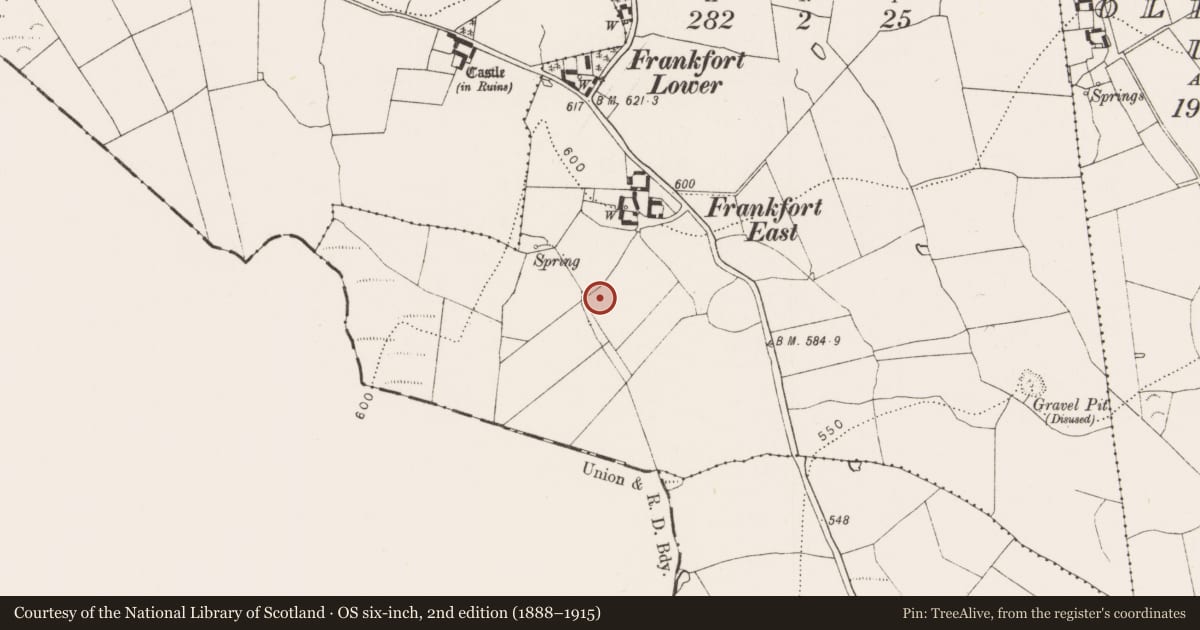 Ordnance Survey six-inch map, 2nd edition (1888–1915) covering the location of Fulacht fia, Frankfort East, County Kilkenny, with a pin at the register's coordinates
