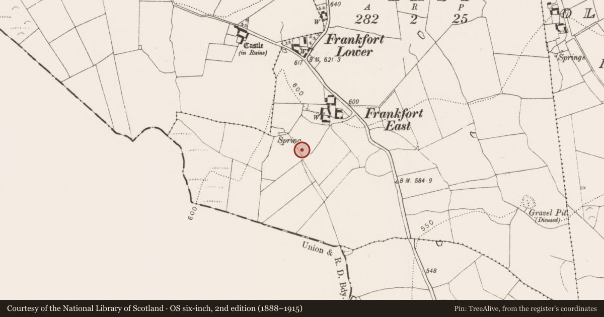 Ordnance Survey six-inch map, 2nd edition (1888–1915) covering the location of Fulacht fia, Frankfort East, County Kilkenny, with a pin at the register's coordinates