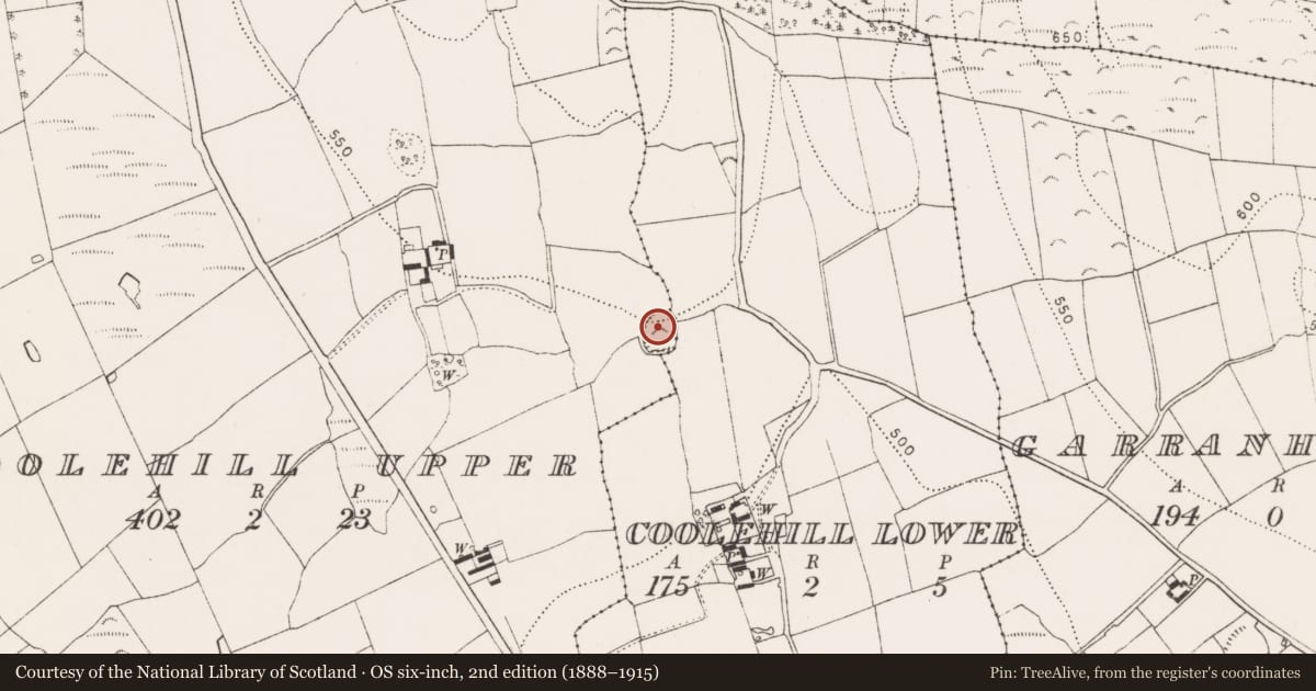 Ordnance Survey six-inch map, 2nd edition (1888–1915) covering the location of Enclosure, Coolehill Upper, County Kilkenny, with a pin at the register's coordinates