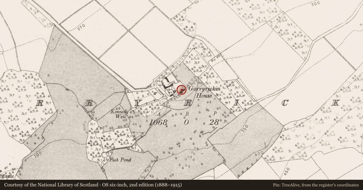 Ordnance Survey six-inch map, 2nd edition (1888–1915) covering the location of House - 17th century, Garryrickin, County Kilkenny, with a pin at the register's coordinates