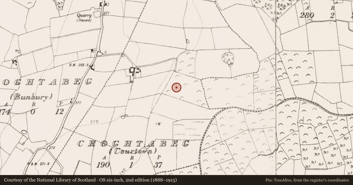Ordnance Survey six-inch map, 2nd edition (1888–1915) covering the location of Fulacht fia, Croghtabeg (Courtown), County Kilkenny, with a pin at the register's coordinates