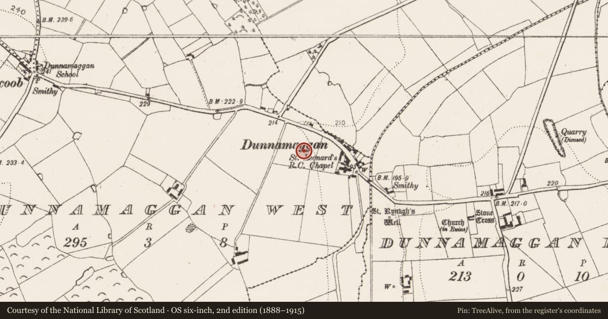 Ordnance Survey six-inch map, 2nd edition (1888–1915) covering the location of Font (present location), Dunnamaggan West, County Kilkenny, with a pin at the register's coordinates
