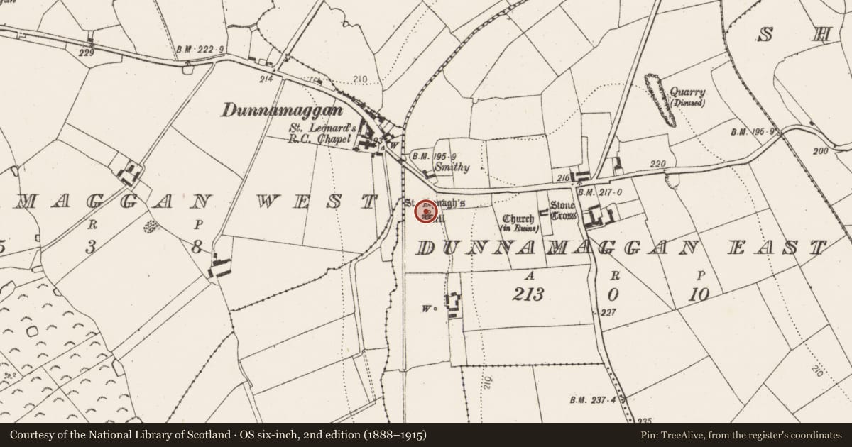 Ordnance Survey six-inch map, 2nd edition (1888–1915) covering the location of Ritual site - holy well, Dunnamaggan East, County Kilkenny, with a pin at the register's coordinates