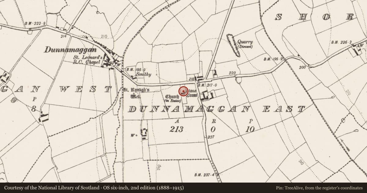 Ordnance Survey six-inch map, 2nd edition (1888–1915) covering the location of Cross, Dunnamaggan East, County Kilkenny, with a pin at the register's coordinates
