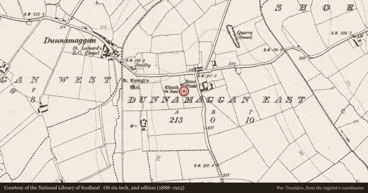 Ordnance Survey six-inch map, 2nd edition (1888–1915) covering the location of House - early medieval, Dunnamaggan East, County Kilkenny, with a pin at the register's coordinates