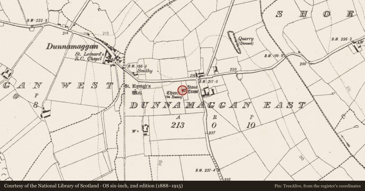 Ordnance Survey six-inch map, 2nd edition (1888–1915) covering the location of Graveyard, Dunnamaggan East, County Kilkenny, with a pin at the register's coordinates