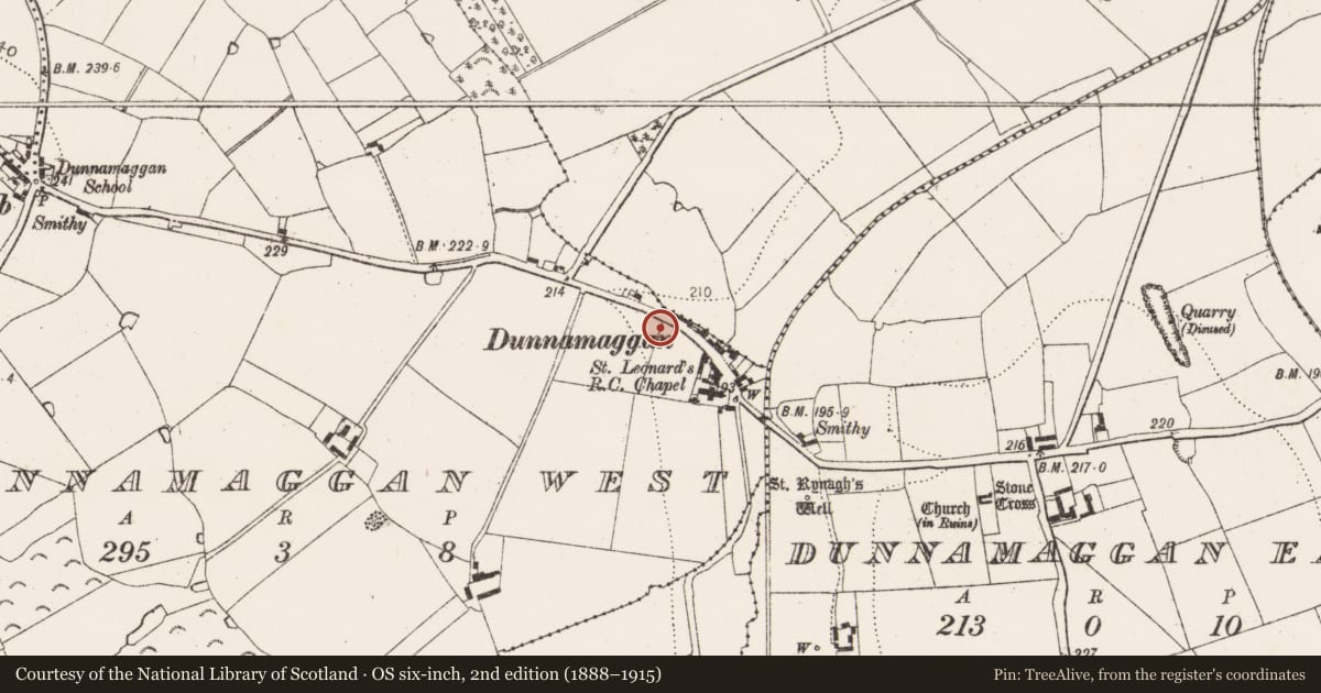 Ordnance Survey six-inch map, 2nd edition (1888–1915) covering the location of Furnace, Dunnamaggan East, County Kilkenny, with a pin at the register's coordinates