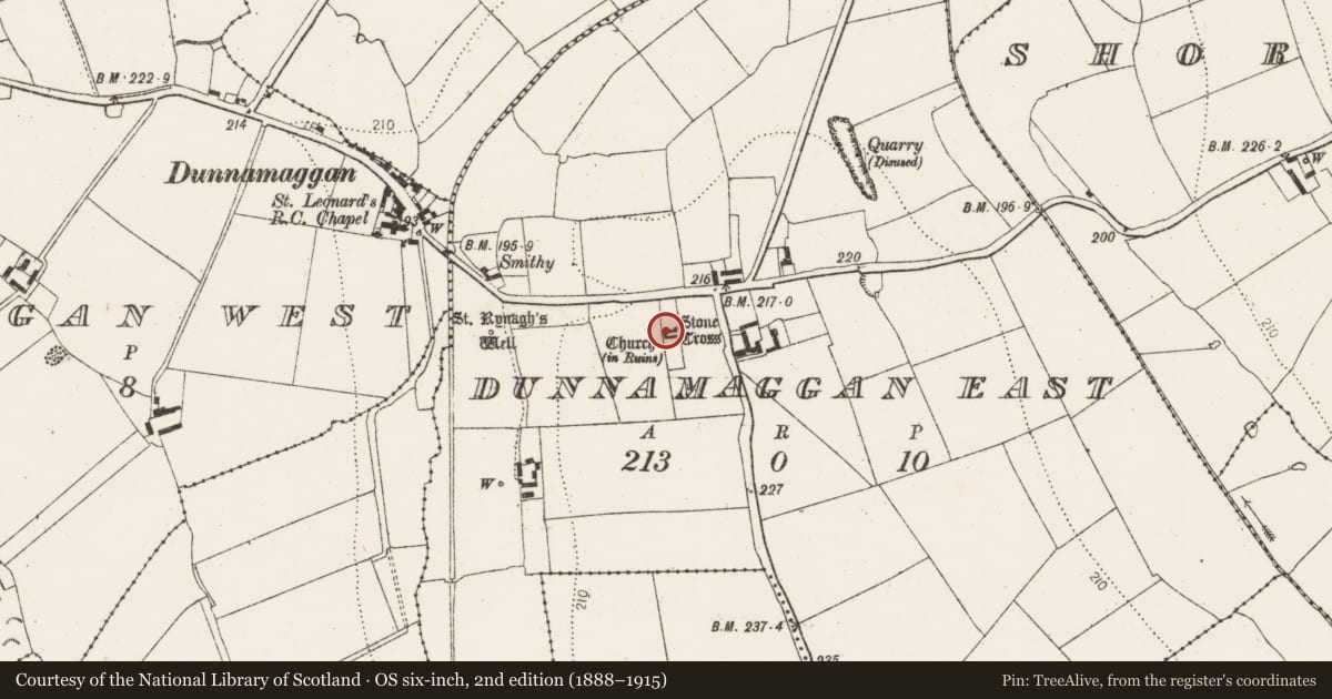 Ordnance Survey six-inch map, 2nd edition (1888–1915) covering the location of Font, Dunnamaggan East, County Kilkenny, with a pin at the register's coordinates