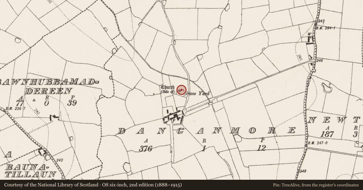 Ordnance Survey six-inch map, 2nd edition (1888–1915) covering the location of Church, Danganmore, County Kilkenny, with a pin at the register's coordinates