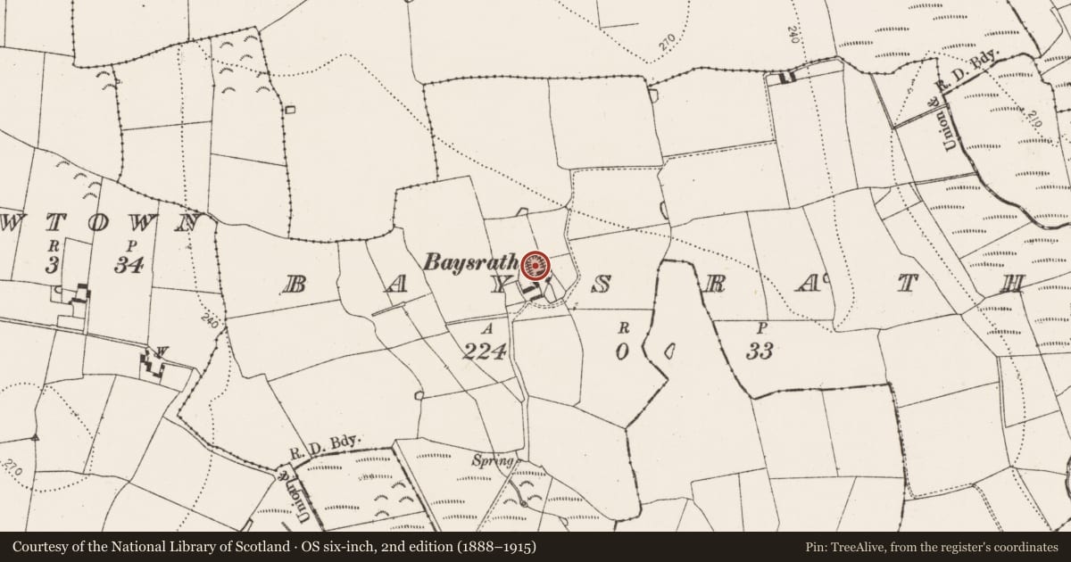 Ordnance Survey six-inch map, 2nd edition (1888–1915) covering the location of Enclosure, Baysrath, County Kilkenny, with a pin at the register's coordinates