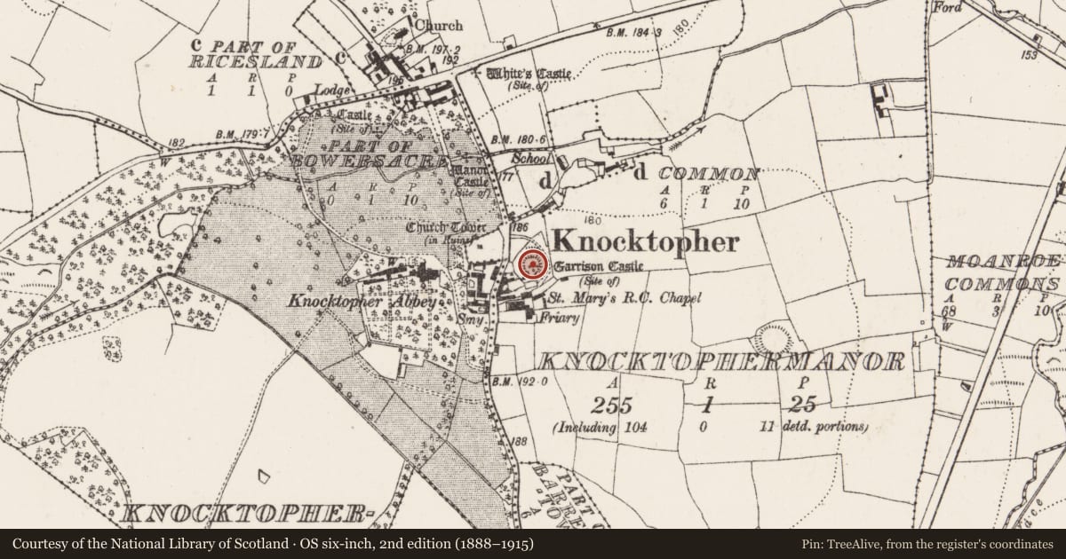 Ordnance Survey six-inch map, 2nd edition (1888–1915) covering the location of Castle - motte, Knocktophermanor, County Kilkenny, with a pin at the register's coordinates