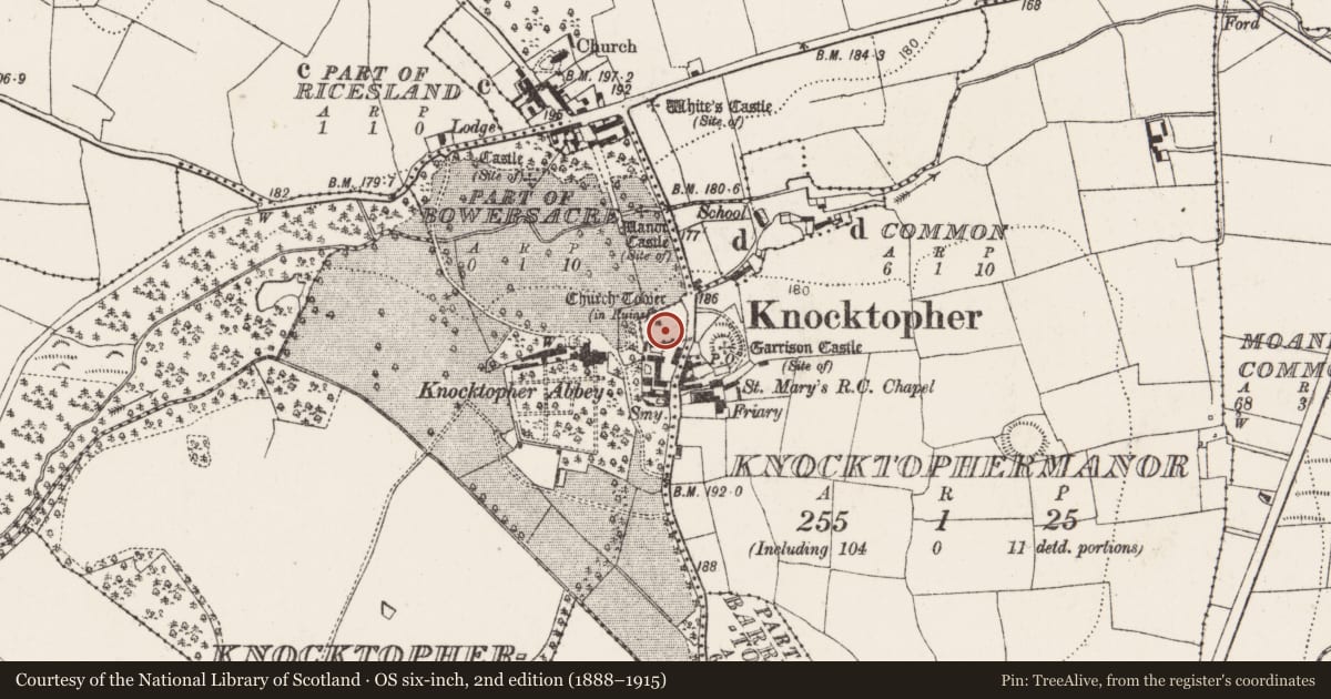Ordnance Survey six-inch map, 2nd edition (1888–1915) covering the location of Graveyard, Knocktophermanor, County Kilkenny, with a pin at the register's coordinates