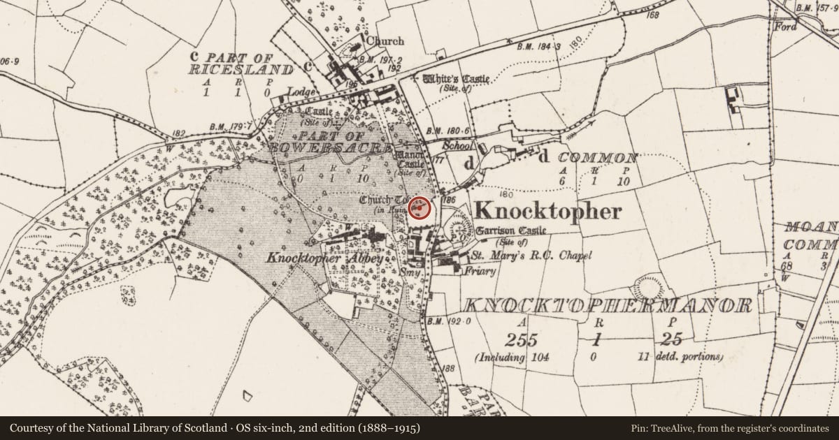 Ordnance Survey six-inch map, 2nd edition (1888–1915) covering the location of Armorial plaque (present location), Knocktophermanor, County Kilkenny, with a pin at the register's coordinates