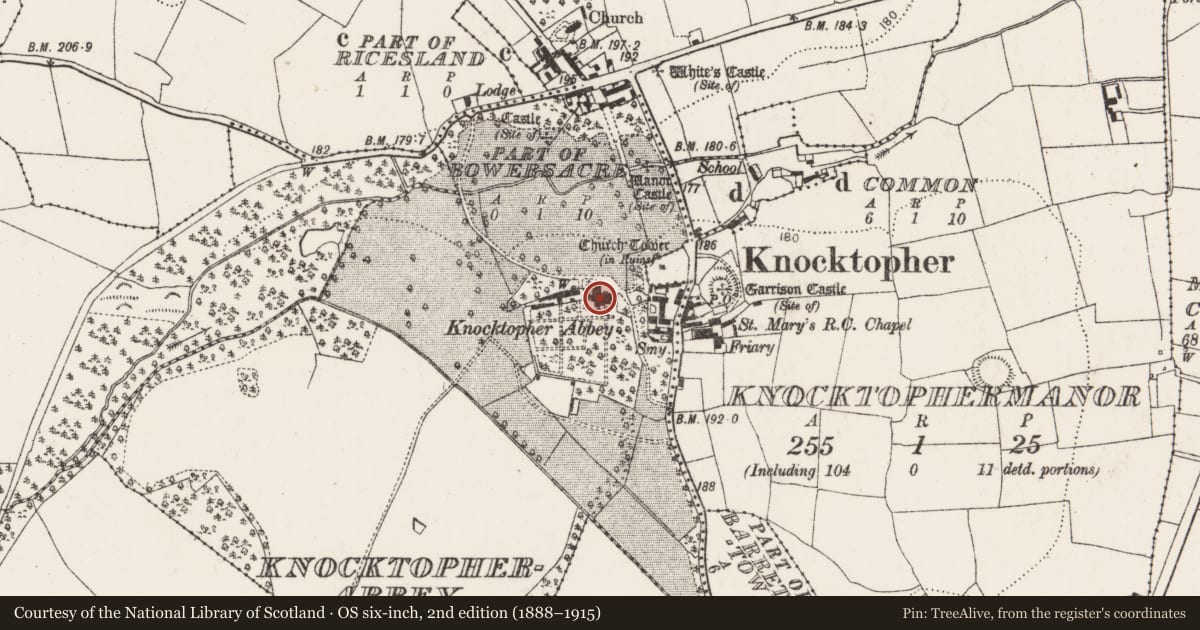 Ordnance Survey six-inch map, 2nd edition (1888–1915) covering the location of Ritual site - holy well, Knocktopherabbey, County Kilkenny, with a pin at the register's coordinates