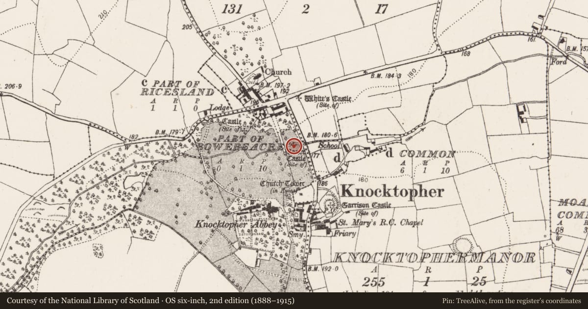 Ordnance Survey six-inch map, 2nd edition (1888–1915) covering the location of Castle - unclassified, Knocktopherabbey, County Kilkenny, with a pin at the register's coordinates