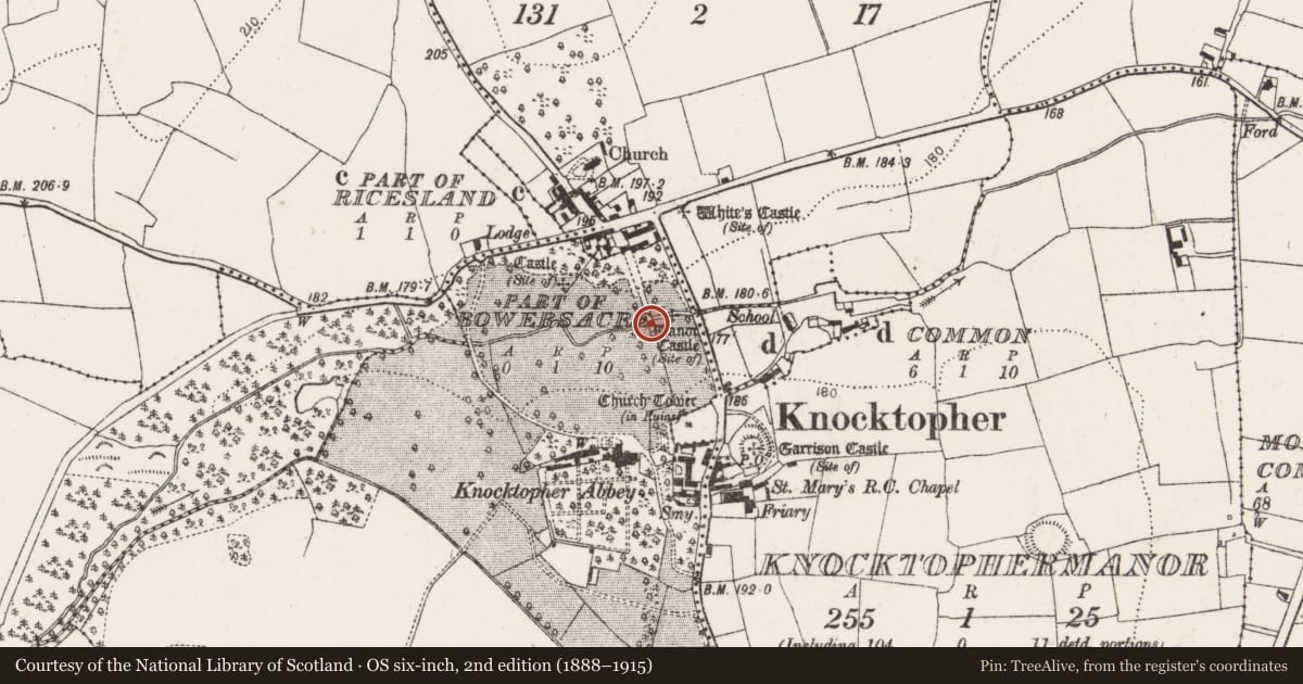 Ordnance Survey six-inch map, 2nd edition (1888–1915) covering the location of Road - road/trackway, Knocktopherabbey, County Kilkenny, with a pin at the register's coordinates