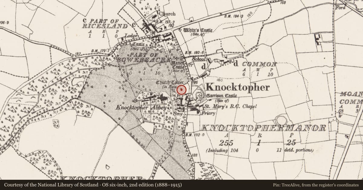 Ordnance Survey six-inch map, 2nd edition (1888–1915) covering the location of Tomb - effigial, Knocktophermanor, County Kilkenny, with a pin at the register's coordinates