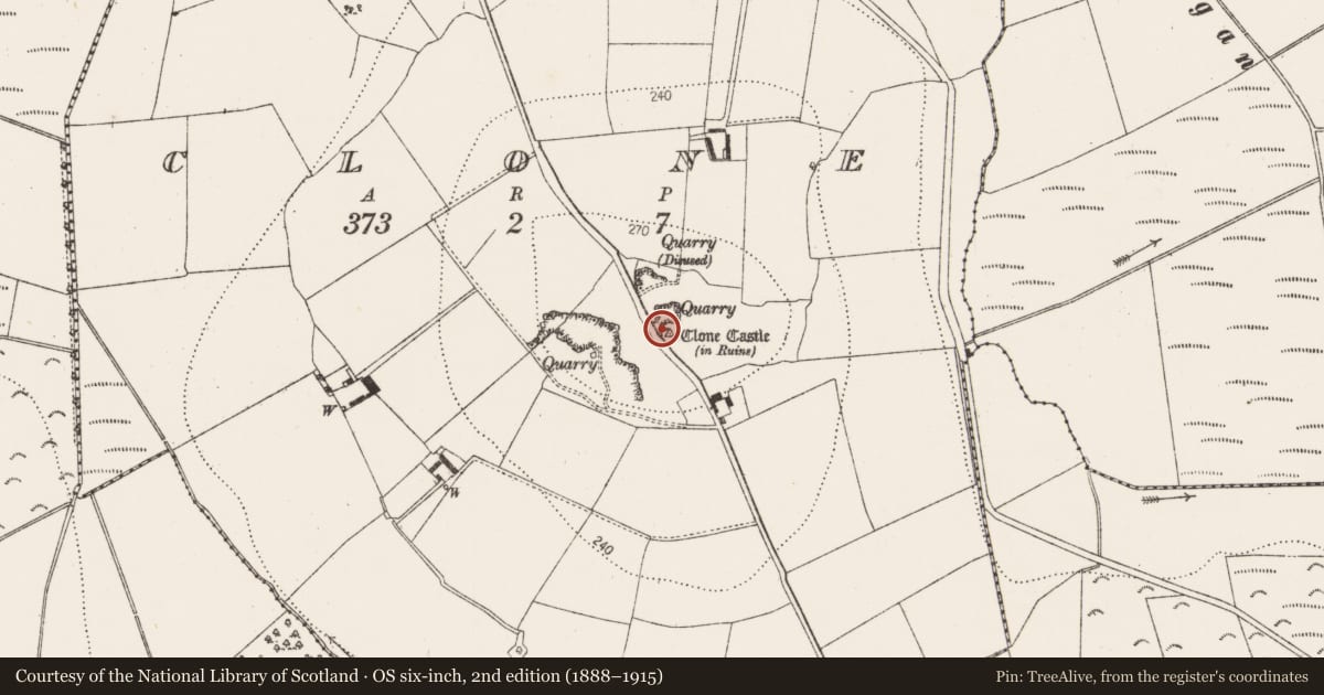 Ordnance Survey six-inch map, 2nd edition (1888–1915) covering the location of Castle - unclassified, Clone, County Kilkenny, with a pin at the register's coordinates