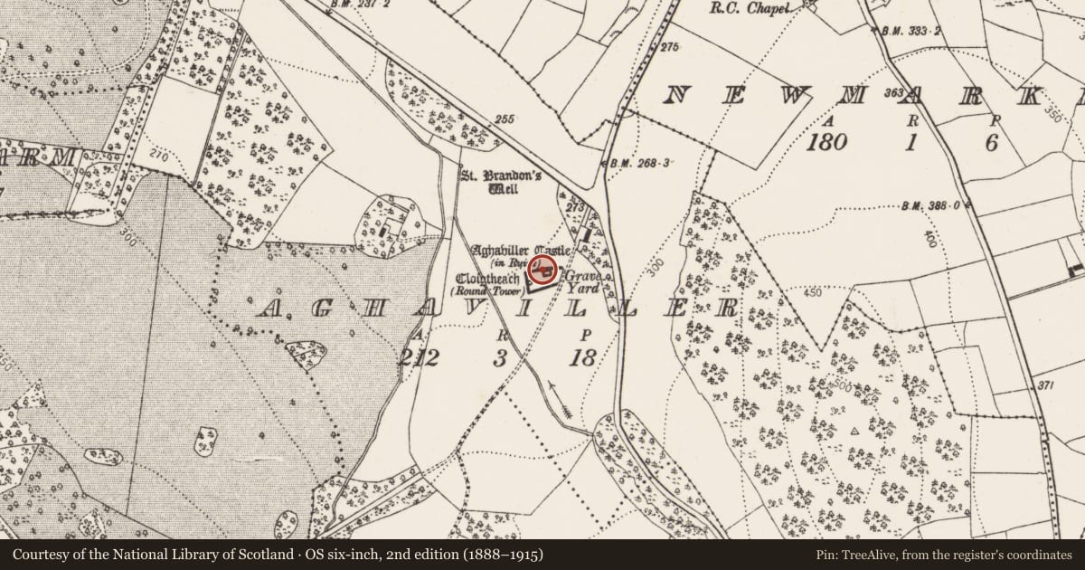 Ordnance Survey six-inch map, 2nd edition (1888–1915) covering the location of Building, Aghaviller, County Kilkenny, with a pin at the register's coordinates