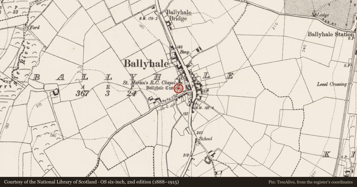 Ordnance Survey six-inch map, 2nd edition (1888–1915) covering the location of Graveyard, Ballyhale, County Kilkenny, with a pin at the register's coordinates