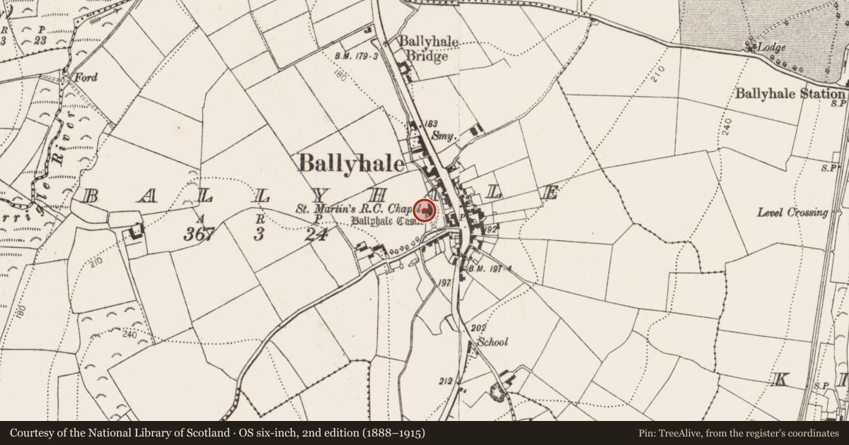 Ordnance Survey six-inch map, 2nd edition (1888–1915) covering the location of Castle - unclassified, Ballyhale, County Kilkenny, with a pin at the register's coordinates