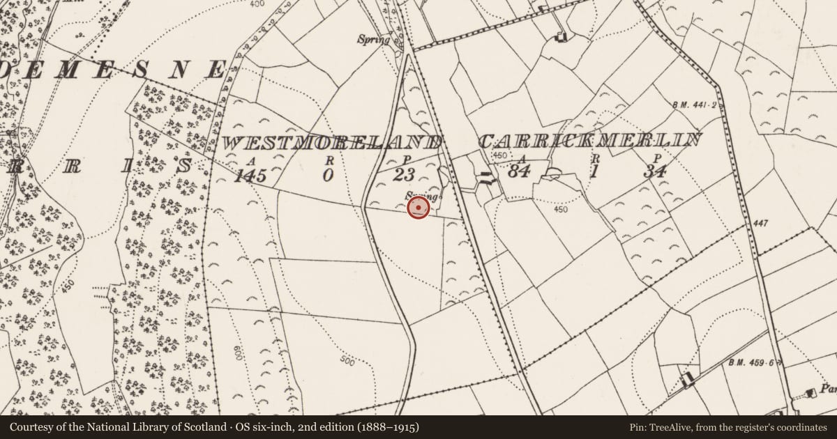 Ordnance Survey six-inch map, 2nd edition (1888–1915) covering the location of Moated site, Westmoreland, County Kilkenny, with a pin at the register's coordinates