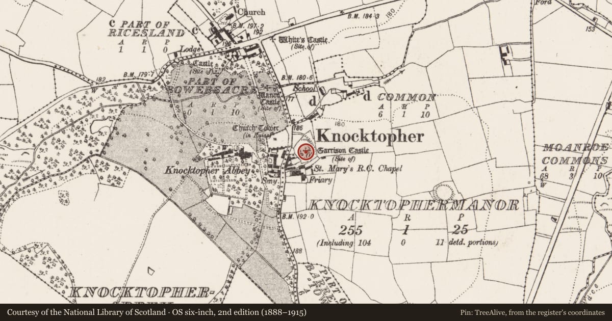 Ordnance Survey six-inch map, 2nd edition (1888–1915) covering the location of Armorial plaque, Knocktophermanor, County Kilkenny, with a pin at the register's coordinates