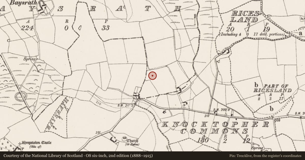 Ordnance Survey six-inch map, 2nd edition (1888–1915) covering the location of Flat cemetery, Baysrath, County Kilkenny, with a pin at the register's coordinates