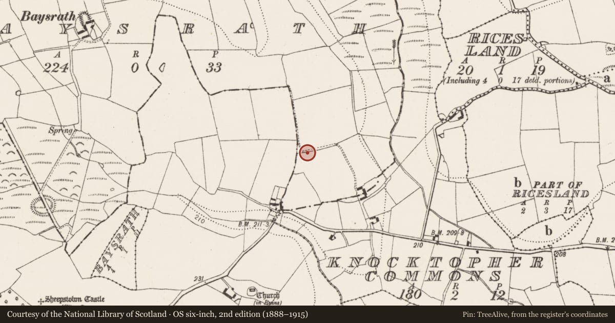 Ordnance Survey six-inch map, 2nd edition (1888–1915) covering the location of Ringfort - rath, Baysrath, County Kilkenny, with a pin at the register's coordinates