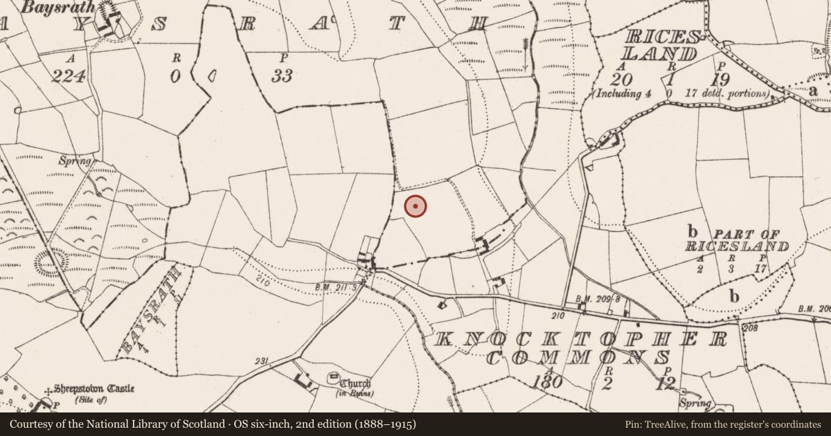 Ordnance Survey six-inch map, 2nd edition (1888–1915) covering the location of Kiln, Baysrath, County Kilkenny, with a pin at the register's coordinates