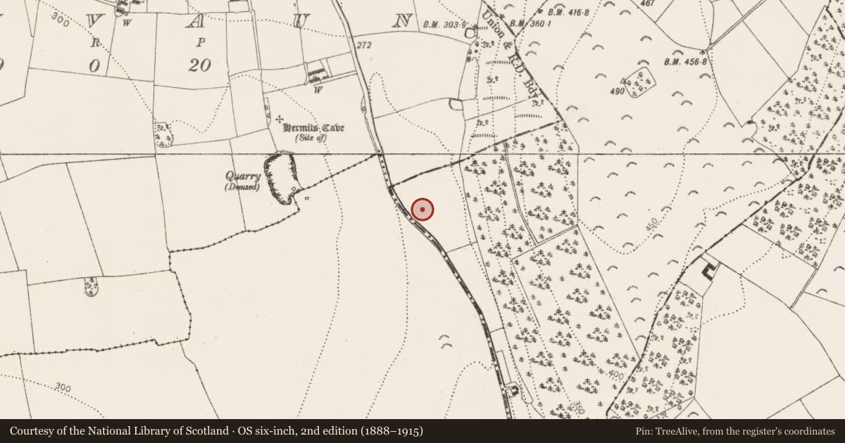 Ordnance Survey six-inch map, 2nd edition (1888–1915) covering the location of Fulacht fia, Knockadrina, County Kilkenny, with a pin at the register's coordinates
