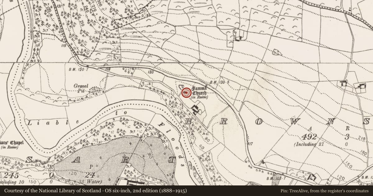 Ordnance Survey six-inch map, 2nd edition (1888–1915) covering the location of Graveyard, Brownsbarn, County Kilkenny, with a pin at the register's coordinates